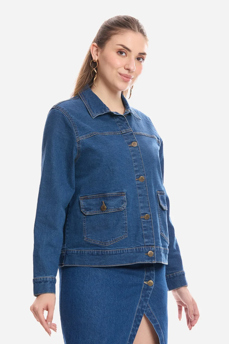 Virgio  Solid Cotton Denim Trucker Jacket for Women for Women | Best Price UAE