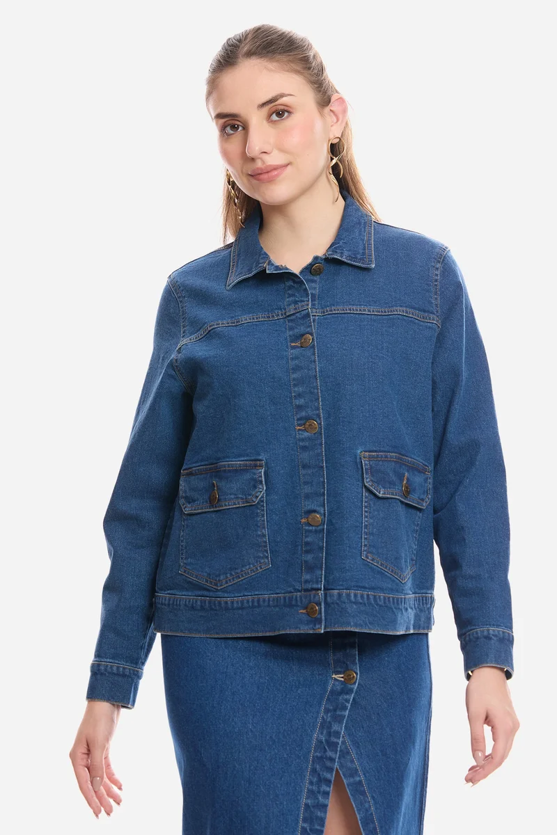 Virgio  Solid Cotton Denim Trucker Jacket for Women for Women | Best Price UAE