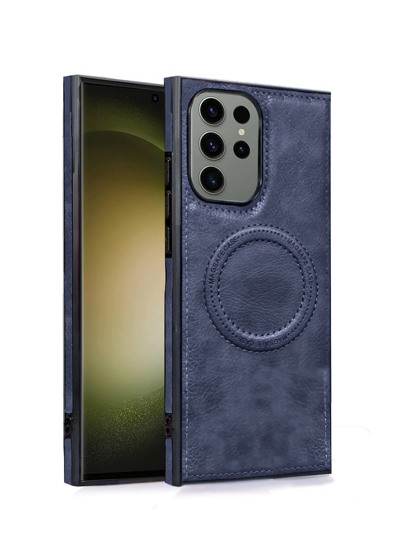 Wtech Luxury Leather Magnetic Wireless Charging Original MagSafe Shockproof Case Cover For Samsung Galaxy S23 Ultra 2023 Navy Blue - Image 1