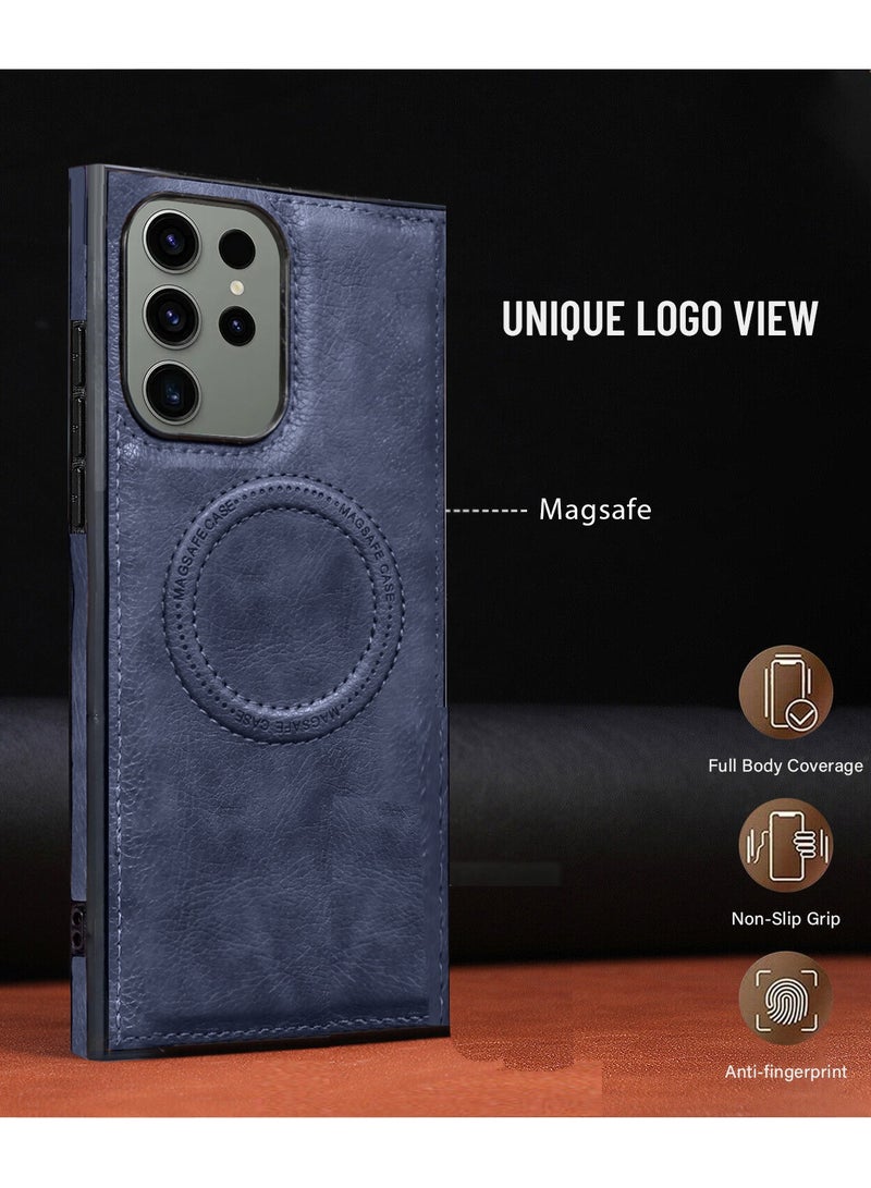 Wtech Luxury Leather Magnetic Wireless Charging Original MagSafe Shockproof Case Cover For Samsung Galaxy S23 Ultra 2023 Navy Blue - Image 2