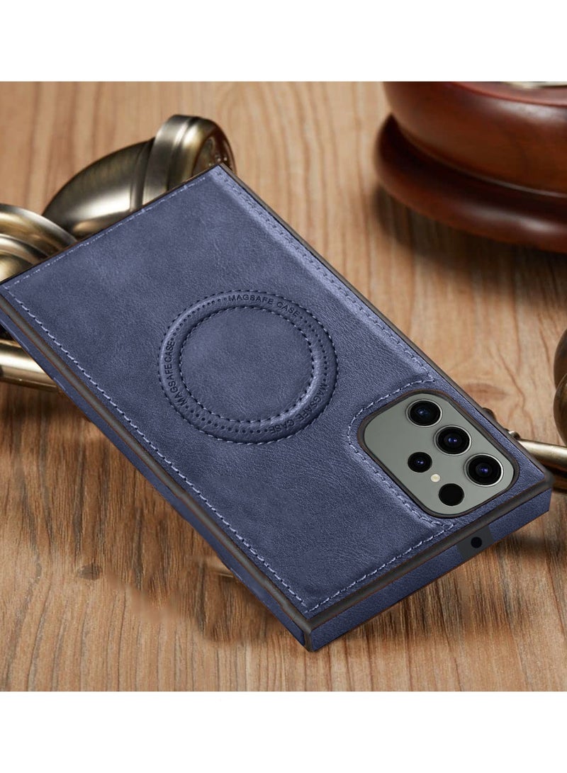 Wtech Luxury Leather Magnetic Wireless Charging Original MagSafe Shockproof Case Cover For Samsung Galaxy S23 Ultra 2023 Navy Blue - Image 3