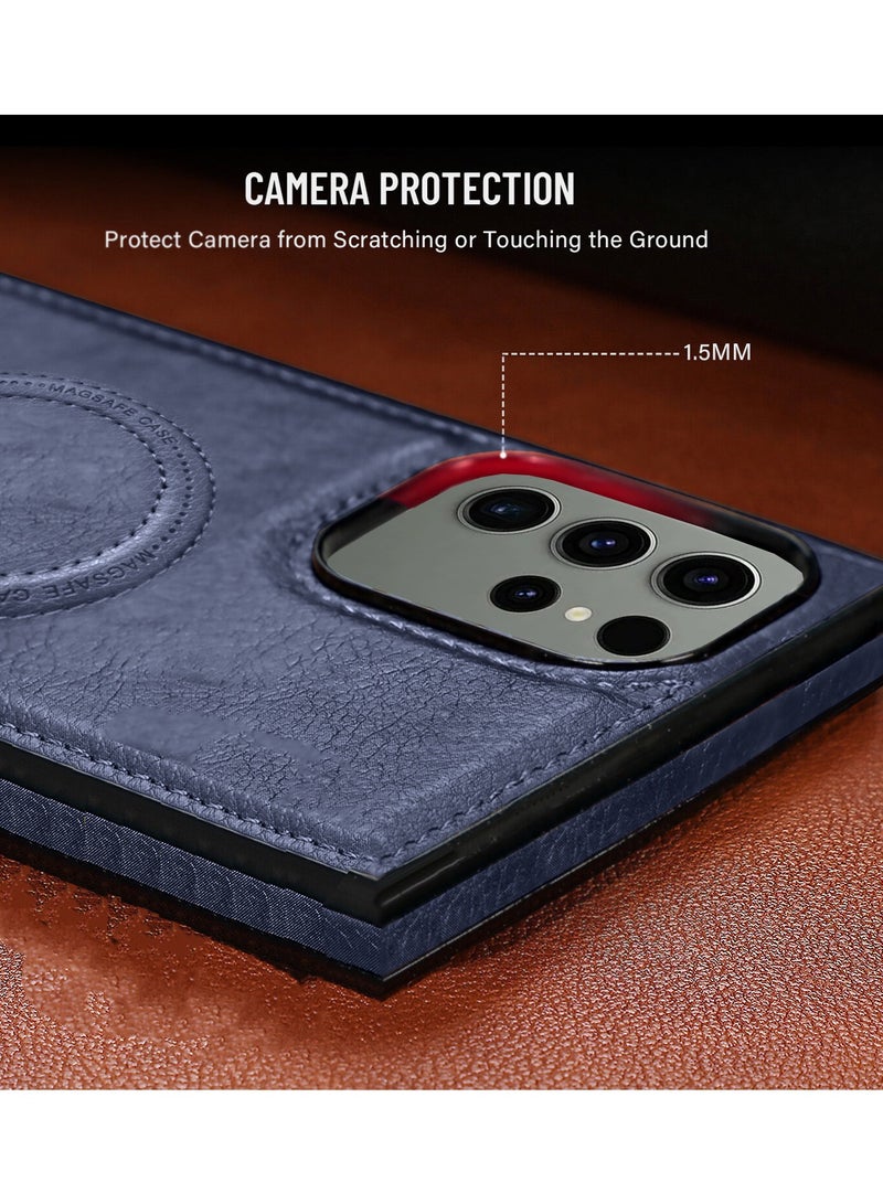 Wtech Luxury Leather Magnetic Wireless Charging Original MagSafe Shockproof Case Cover For Samsung Galaxy S23 Ultra 2023 Navy Blue - Image 4