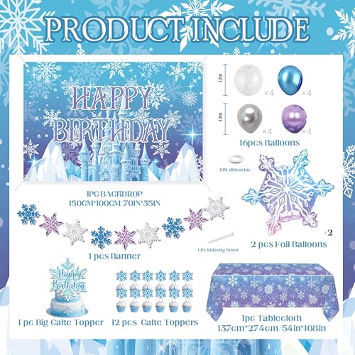 jenlion Frozen Birthday Party Decorations For GirlsHappy Birthday BackdropBannerBlueBalloonsTable ClothPaper pom poms Party Supplies for Women - Image 5