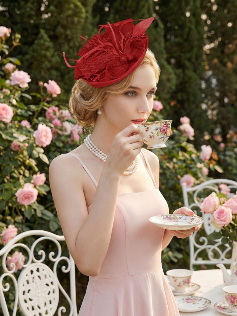 KUTTOR Women Fascinators Hats Tea Party Headband Hair Clip Feathers Hat for Wedding Cocktail Party Red - Image 5