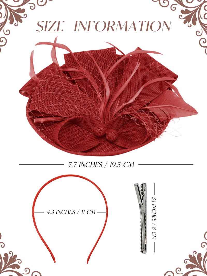 KUTTOR Women Fascinators Hats Tea Party Headband Hair Clip Feathers Hat for Wedding Cocktail Party Red - Image 2