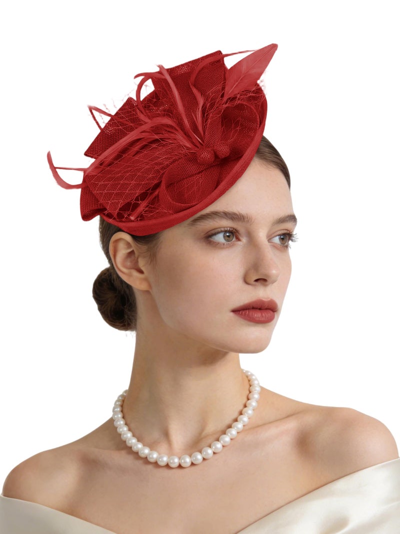 KUTTOR Women Fascinators Hats Tea Party Headband Hair Clip Feathers Hat for Wedding Cocktail Party Red - Image 1