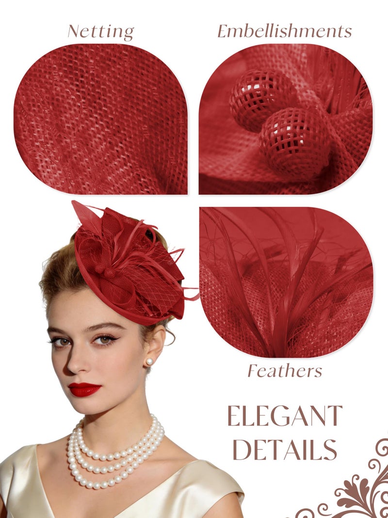 KUTTOR Women Fascinators Hats Tea Party Headband Hair Clip Feathers Hat for Wedding Cocktail Party Red - Image 3