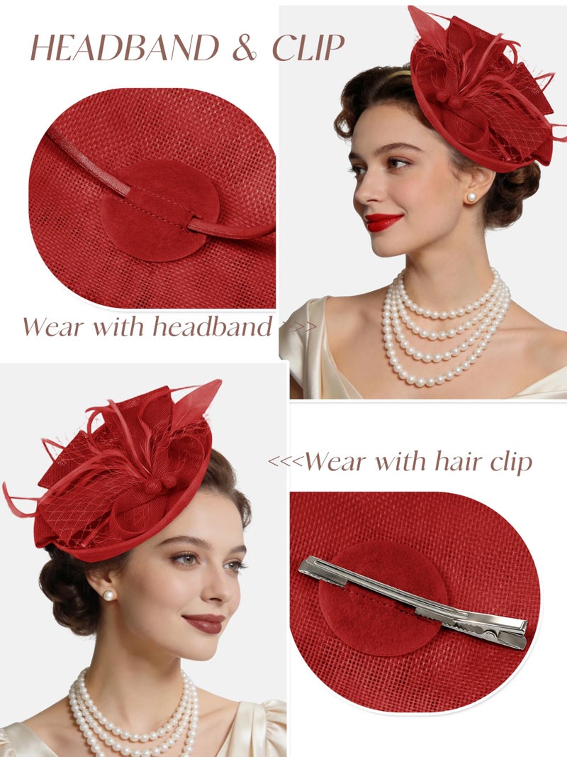 KUTTOR Women Fascinators Hats Tea Party Headband Hair Clip Feathers Hat for Wedding Cocktail Party Red - Image 4