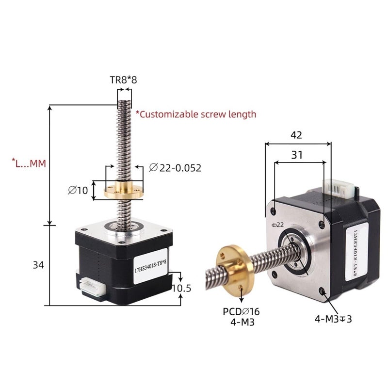 محرك خطوي Nema17 17HS3401S T8 200 مم خطوة 4 مم لمحور Z للطابعة ثلاثية الأبعاد - Image 3