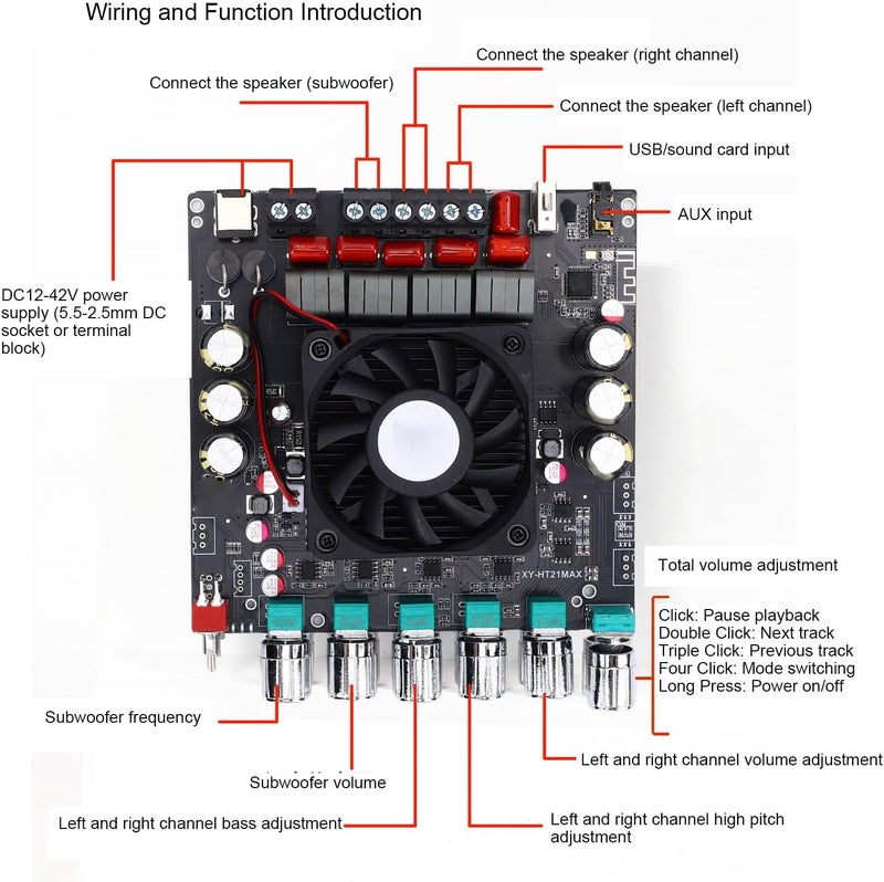 Luocute Bluetooth Audio Amplifier Board, 2.1 Channel 200W x 2+400W Digital Power Amp Module with Treble and Bass Control, for Home DIY Speakers Tablets TVs Smartphones - Image 3