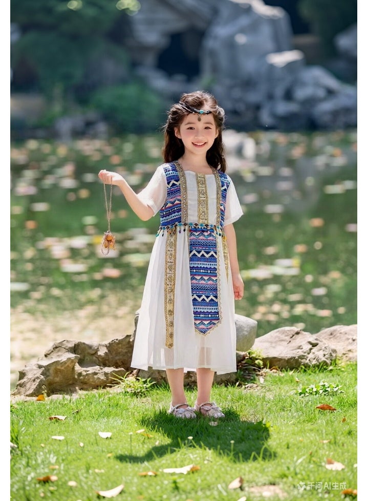 liannaner Kids Egyptian Cleopatra Costume Dress, Girls Ancient Egypt Princess Toga Dress with Tribal Print Sash, White Chiffon Ethnic Dress for Halloween, Cosplay, Theme Party, 4-12 Years - Image 5