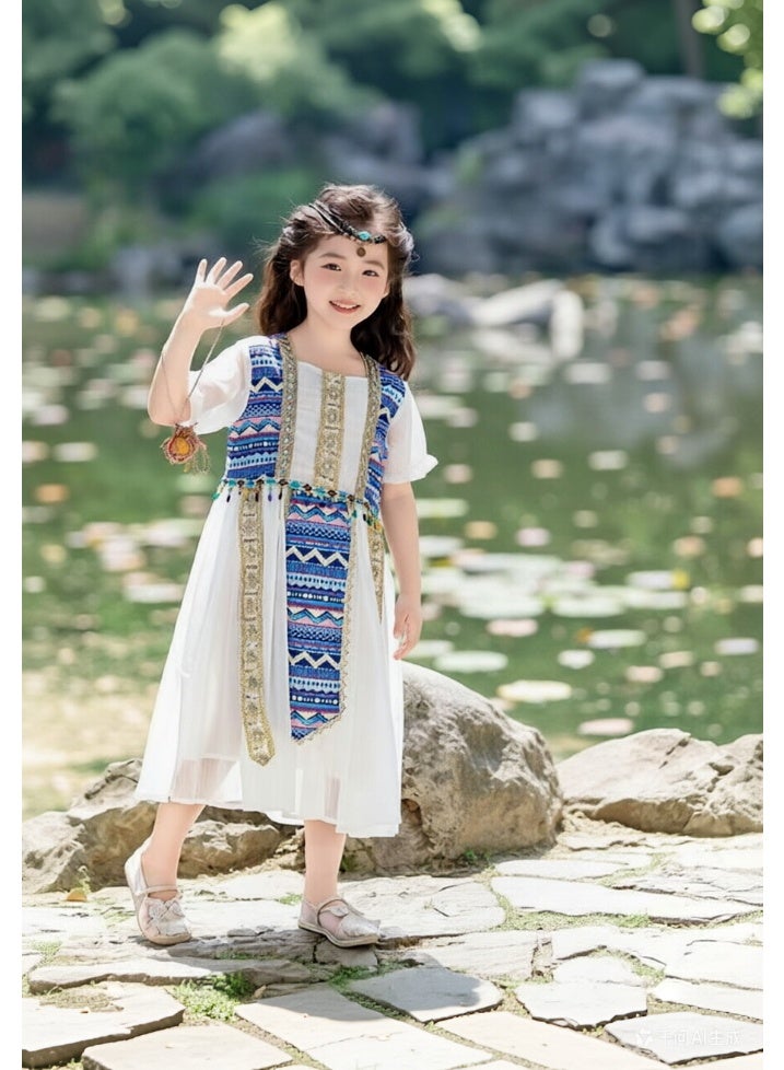 liannaner Kids Egyptian Cleopatra Costume Dress, Girls Ancient Egypt Princess Toga Dress with Tribal Print Sash, White Chiffon Ethnic Dress for Halloween, Cosplay, Theme Party, 4-12 Years - Image 3