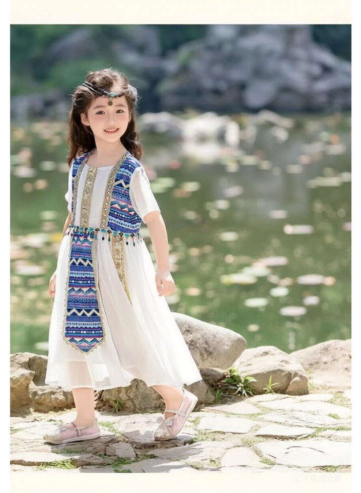 liannaner Kids Egyptian Cleopatra Costume Dress, Girls Ancient Egypt Princess Toga Dress with Tribal Print Sash, White Chiffon Ethnic Dress for Halloween, Cosplay, Theme Party, 4-12 Years - Image 4