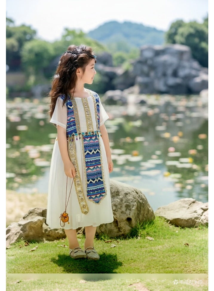 liannaner Kids Egyptian Cleopatra Costume Dress, Girls Ancient Egypt Princess Toga Dress with Tribal Print Sash, White Chiffon Ethnic Dress for Halloween, Cosplay, Theme Party, 4-12 Years - Image 2