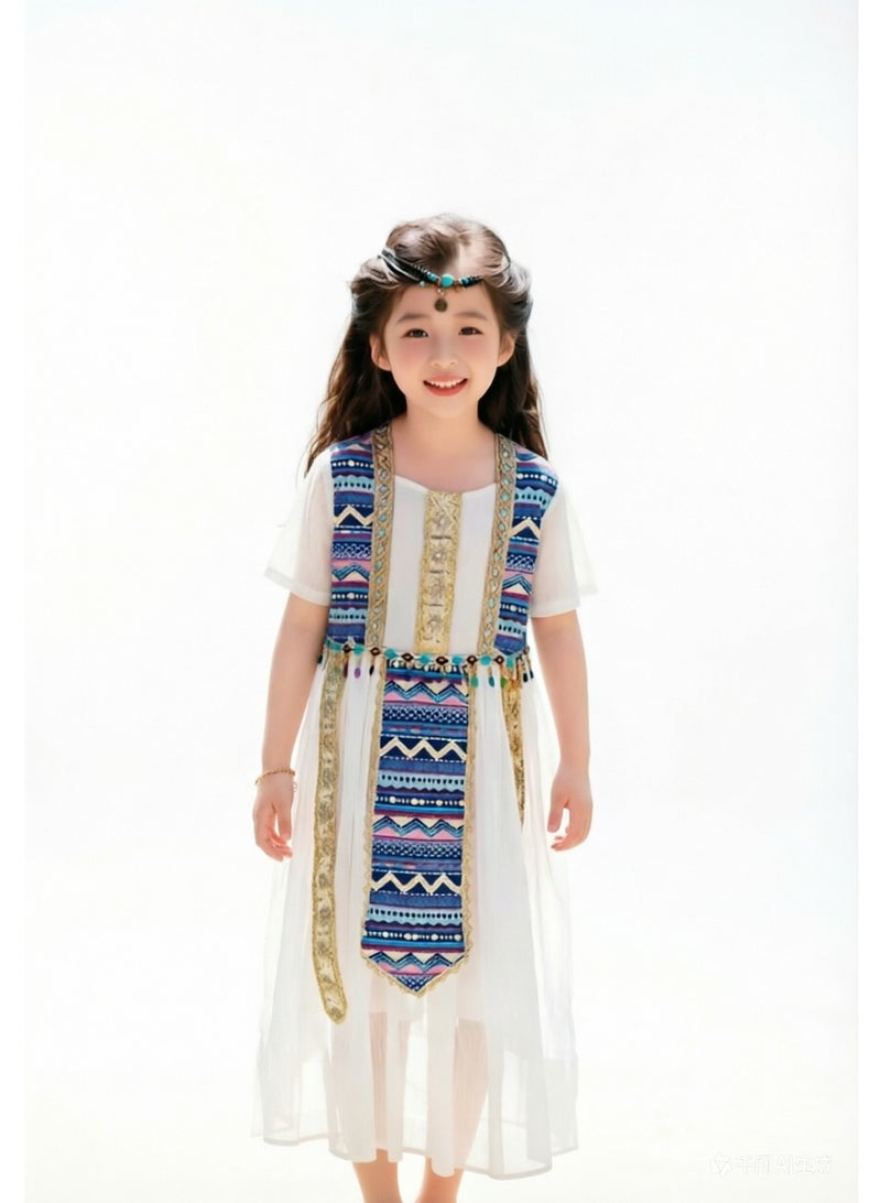 liannaner Kids Egyptian Cleopatra Costume Dress, Girls Ancient Egypt Princess Toga Dress with Tribal Print Sash, White Chiffon Ethnic Dress for Halloween, Cosplay, Theme Party, 4-12 Years - Image 1
