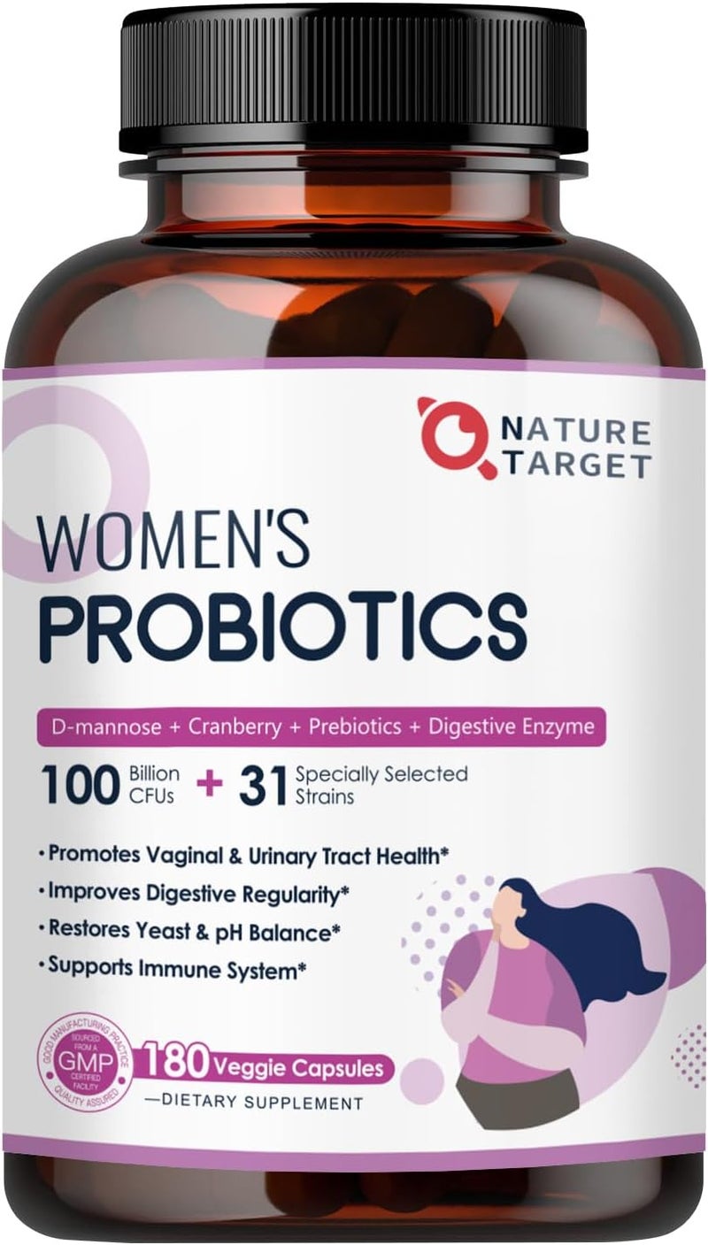 NATURE TARGET Probiotics for Women 100 Billion CFUs Probiotic with Digestive Enzymes  Prebiotics Vaginal Probiotics with Cranberry for Urinary Tract Health pH Balance 180 Veggie Capsules - Image 1