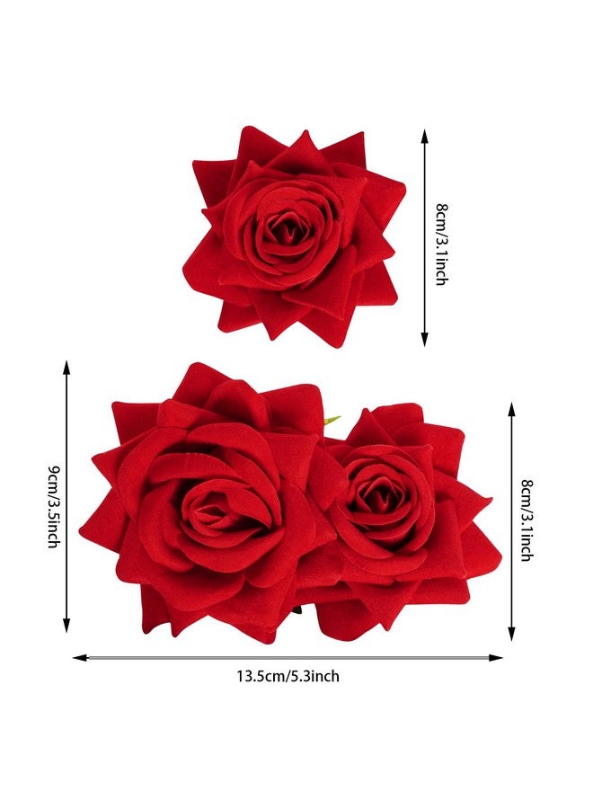 Topbuti Topbuti 3 Pcs Rose Flower Hair Clip Rose Brooch Flamenco Dancer Hairpin Mexican Hair Accessories for Woman Girls Wedding Party Mother's Day Halloween Costume (2 Styles) (Red)  - Image 2
