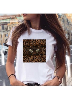 Fashionable Short Sleeve Womens T-shirt Summer Fun Graphic Print Polyester Fiber round Neck Casual Style Streetwear 8 white.
