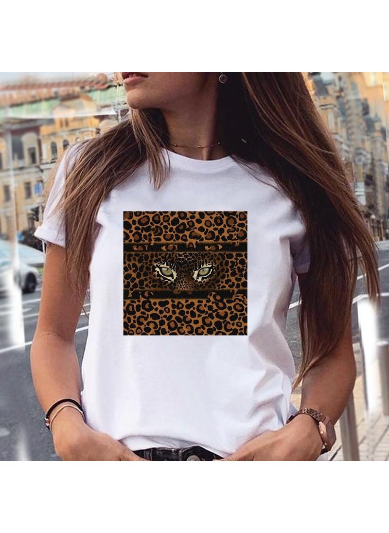 Generic - Fashionable Short Sleeve Womens T-shirt Summer Fun Graphic Print Polyester Fiber round Neck Casual Style Streetwear 8 white. - Image 1