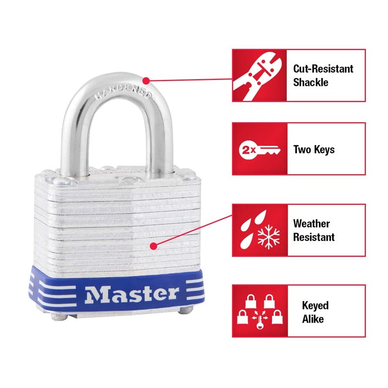 Master Lock 3008D Outdoor Padlock with Key, 4 Pack Keyed-Alike Silver 1-1/2 Inch - Image 2