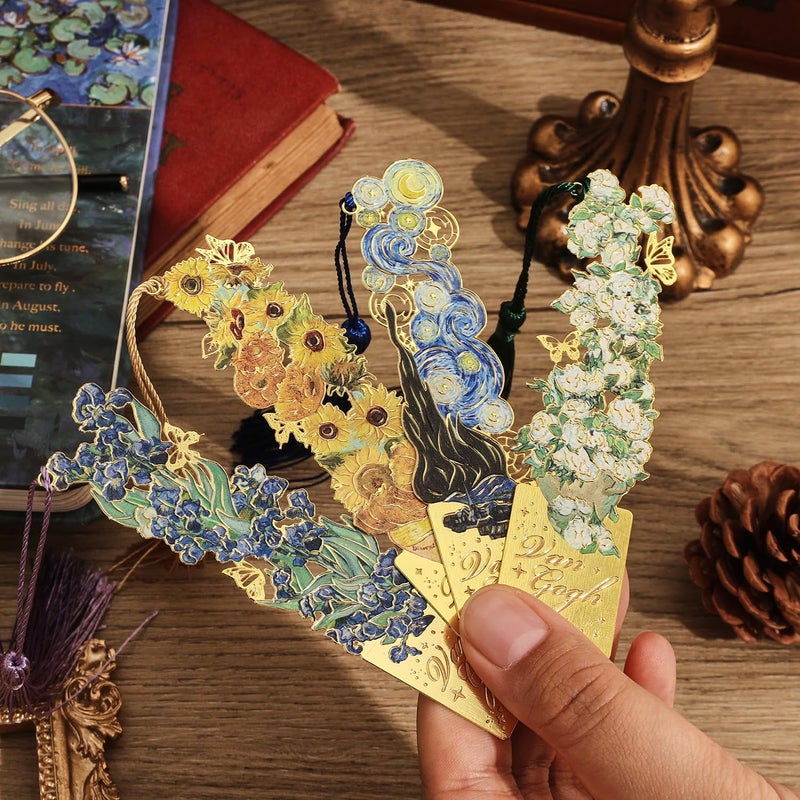 emmoolife 4 Pieces Bookmarks with Tassel, Golden Hollow Metal Bookmark Monet Oil Painting Theme Book Mark for Women Book Lovers Writers Readers Children Teenage Girls, (Flowers Style) - Image 2
