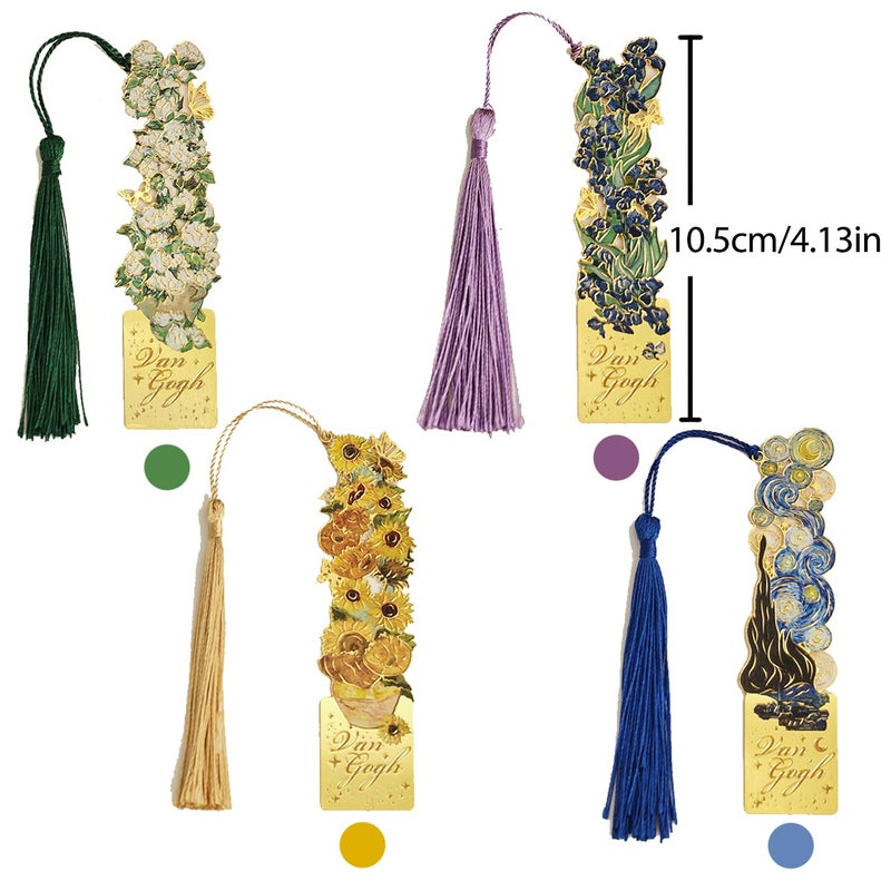 emmoolife 4 Pieces Bookmarks with Tassel, Golden Hollow Metal Bookmark Monet Oil Painting Theme Book Mark for Women Book Lovers Writers Readers Children Teenage Girls, (Flowers Style) - Image 3