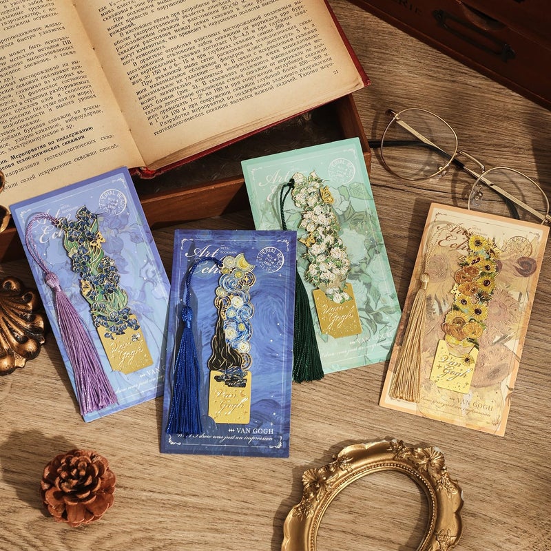 emmoolife 4 Pieces Bookmarks with Tassel, Golden Hollow Metal Bookmark Monet Oil Painting Theme Book Mark for Women Book Lovers Writers Readers Children Teenage Girls, (Flowers Style) - Image 4