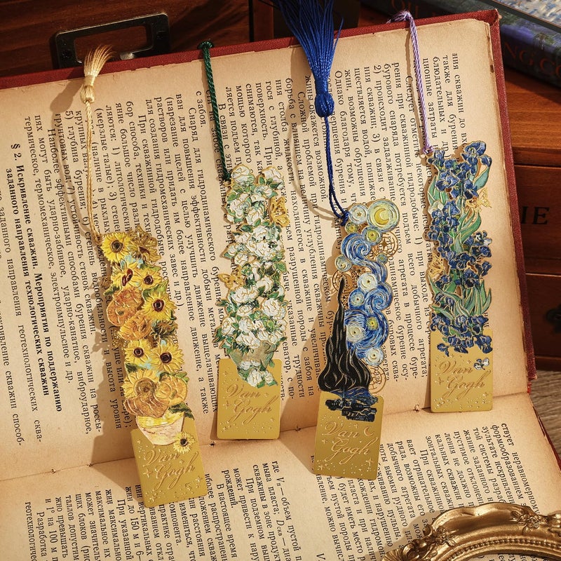 emmoolife 4 Pieces Bookmarks with Tassel, Golden Hollow Metal Bookmark Monet Oil Painting Theme Book Mark for Women Book Lovers Writers Readers Children Teenage Girls, (Flowers Style) - Image 5
