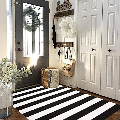 KOZYFLY Black and White Striped Area Rug 3x5 Ft Front Door Rug Hand Woven Cotton Washable Outdoor Doormats Outdoor Entrance Mat for Front Door Kitchen Entryway Patio Front Porch Decor - Image 2