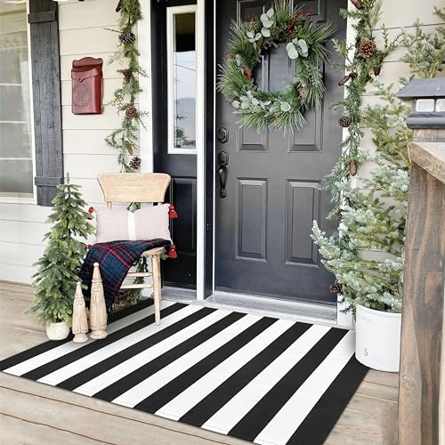 KOZYFLY Black and White Striped Area Rug 3x5 Ft Front Door Rug Hand Woven Cotton Washable Outdoor Doormats Outdoor Entrance Mat for Front Door Kitchen Entryway Patio Front Porch Decor - Image 1