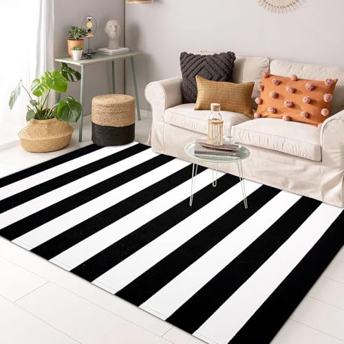 KOZYFLY Black and White Striped Area Rug 3x5 Ft Front Door Rug Hand Woven Cotton Washable Outdoor Doormats Outdoor Entrance Mat for Front Door Kitchen Entryway Patio Front Porch Decor - Image 3