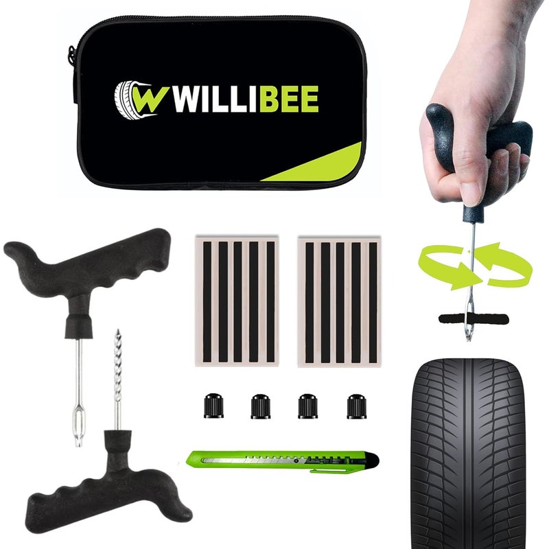 WILLIBEE 6-in-1 Tool Set, Black Tubeless Tyre Puncture Repair Kit for Car, Bike, Scooter & SUV (with Storage Bag) | Universal Emergency Tyre Fix Tool Set, Flat Tire Puncher Repair Kit. - Image 1