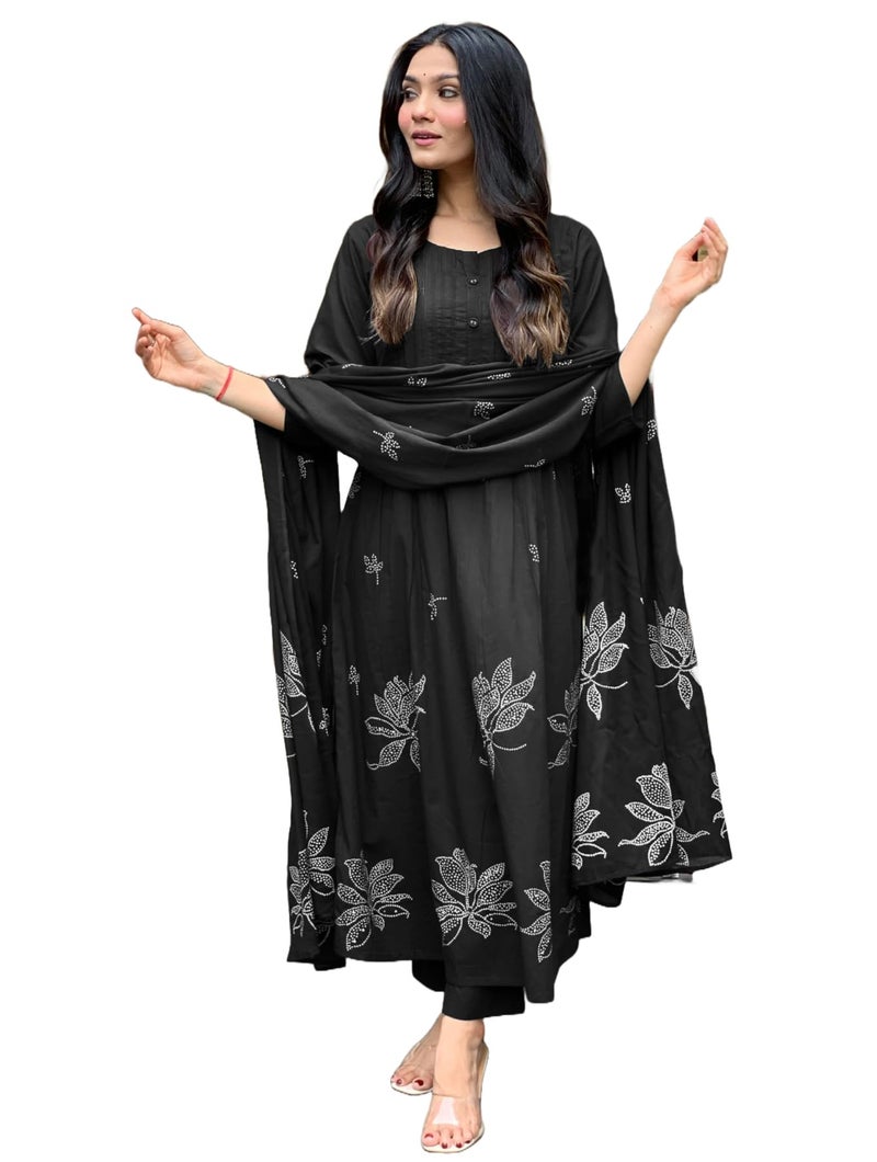 GoSriKi Women's Rayon Viscose Anarkali Printed Kurta with Pant & Dupatta (Gangori Black-GS_S_Black_Small) - Image 1
