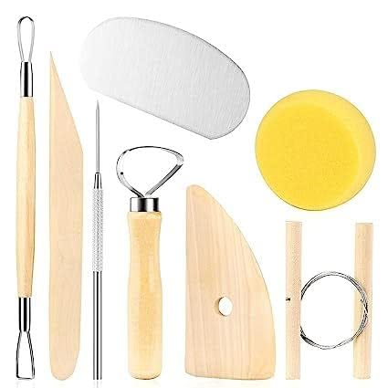 E Shopping 8 Pcs Wooden Pottery Tool Kit with Sponge for Sculpting Clay Tool Set Includes Cutting Modeling Trimming Smoothing Cleaning Carving and Shaping Tools - Image 1