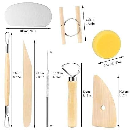 E Shopping 8 Pcs Wooden Pottery Tool Kit with Sponge for Sculpting Clay Tool Set Includes Cutting Modeling Trimming Smoothing Cleaning Carving and Shaping Tools - Image 2