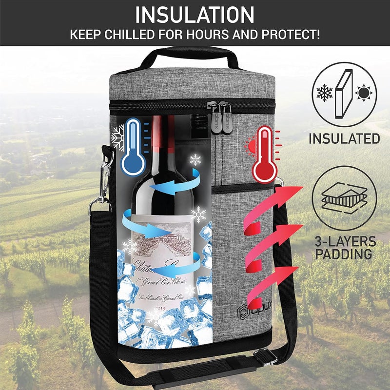 OPUX 2 Bottle Wine Carrier Tote, Insulated Leakproof Wine Cooler Bag, Wine Travel Bag for Picnic BYOB Beach, Portable Wine Bottle Carrying Case, Gift for Wine Lover Women Men Christmas, Heather Grey - Image 2