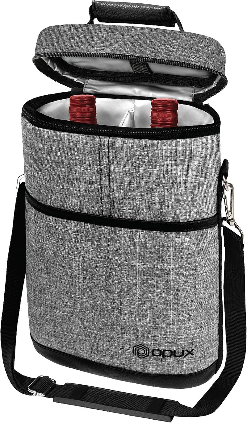 OPUX 2 Bottle Wine Carrier Tote, Insulated Leakproof Wine Cooler Bag, Wine Travel Bag for Picnic BYOB Beach, Portable Wine Bottle Carrying Case, Gift for Wine Lover Women Men Christmas, Heather Grey - Image 1