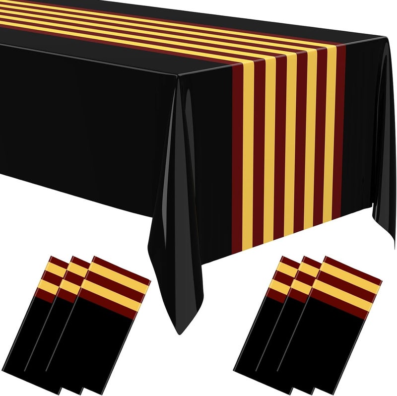 Oudain 6 Pcs Striped Tablecloth 108 x 54 Inch Disposable Plastic Table Cloth Waterproof Tablecloth Rectangle Table Cover for Birthday Wedding Bridal Party Supplies (Red Yellow Black) - Image 1
