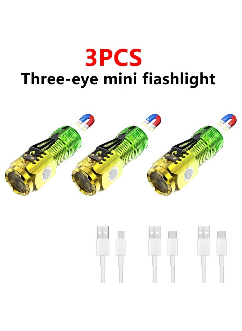AROAQ Mini Flashlight, Multifunctional Three Eyed Bright Flashlight, Ipx4 Waterproof Portable Handheld Torch With Clip, Rechargeable Durable Pocket Flashlight For Camping Hunting, (3pcs, Yellow)  - Image 1