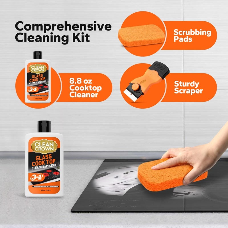 CleanCrown 3-in-1 Cooktop Cleaner Kit (8.8 Oz Cooktop Cleaner + Scrubbing Pad + Scraper), Stovetop Cleaner for Electric Top Stoves, Ceramic Cooktops & Fireplace Glass, Remove Burned on Food, Grease - Image 3