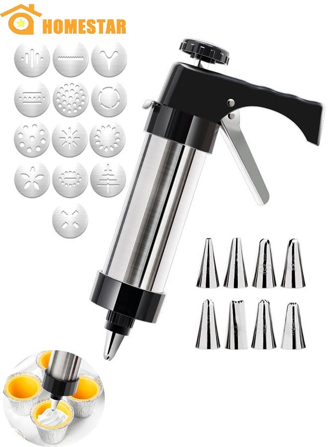 هومستر كوكي الصحافة بندقية مجموعة، الفولاذ المقاوم للصدأ تجليد ديكور الصحافة بندقية مجموعة مع 13 أقراص و 8 تجليد نصائح، صانع البسكويت والديكور - Image 1