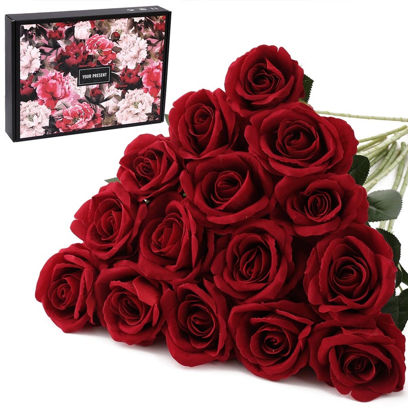 Cloudecor 15Pcs Artificial Roses Velet Real Touch Single Stem Fake Roses Silk Realistic Bouquet Flowers Arrangements Home Office Party Wedding Decoration Round Roses  Dark Red 15p