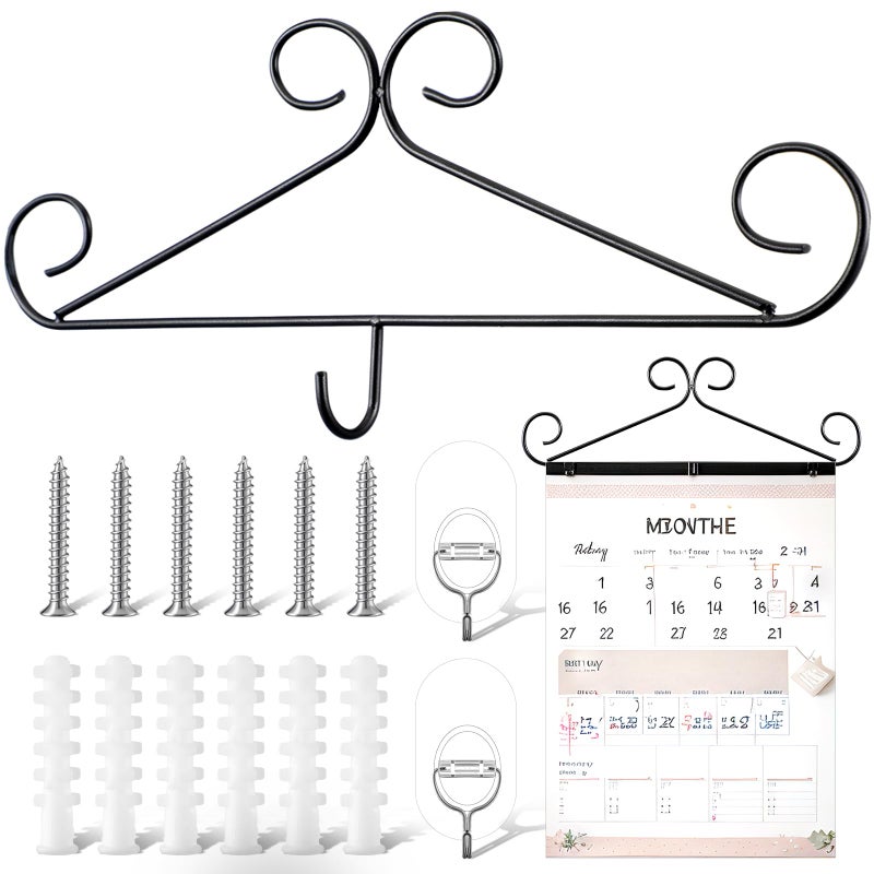 Otoolling Calendar Hanger for Wall 13.8 Inch Metal Wire Scroll Black Calendar Frame with Six Expansion Screws and Transparent Adhesive Hooks Frame for Classroom Home Office Wall(Line) - Image 1