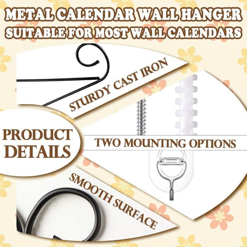 Otoolling Calendar Hanger for Wall 13.8 Inch Metal Wire Scroll Black Calendar Frame with Six Expansion Screws and Transparent Adhesive Hooks Frame for Classroom Home Office Wall(Line) - Image 5