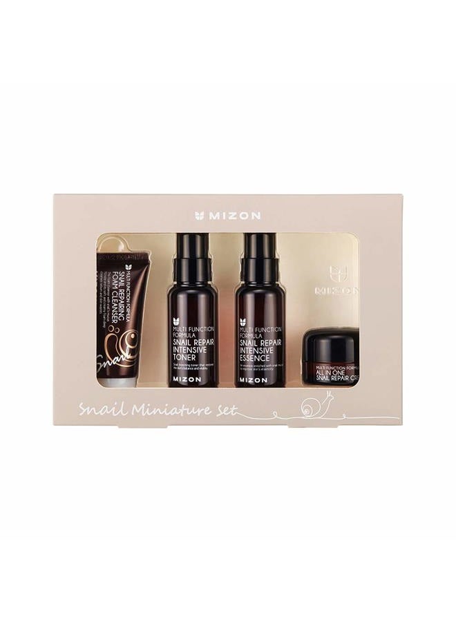 MIZON Snail Line Set, Korean Snail Skincare Essentials Set, Mini Sized Snail Foam Cleanser, Toner, Essence, and All in One Facial Cream to Improve Skin Tone, Fine Wrinkles, Smooth, Moisturize.  - Image 1