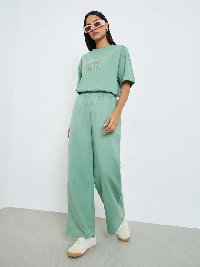 Styli Styli Green Embroidered Floral Oversized T-Shirt