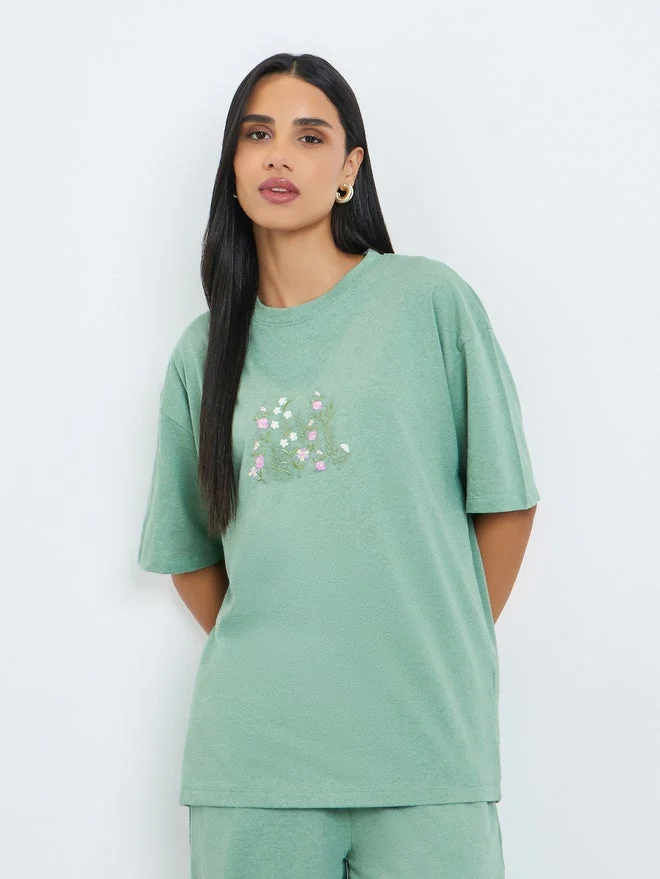 Styli Styli Green Embroidered Floral Oversized T-Shirt