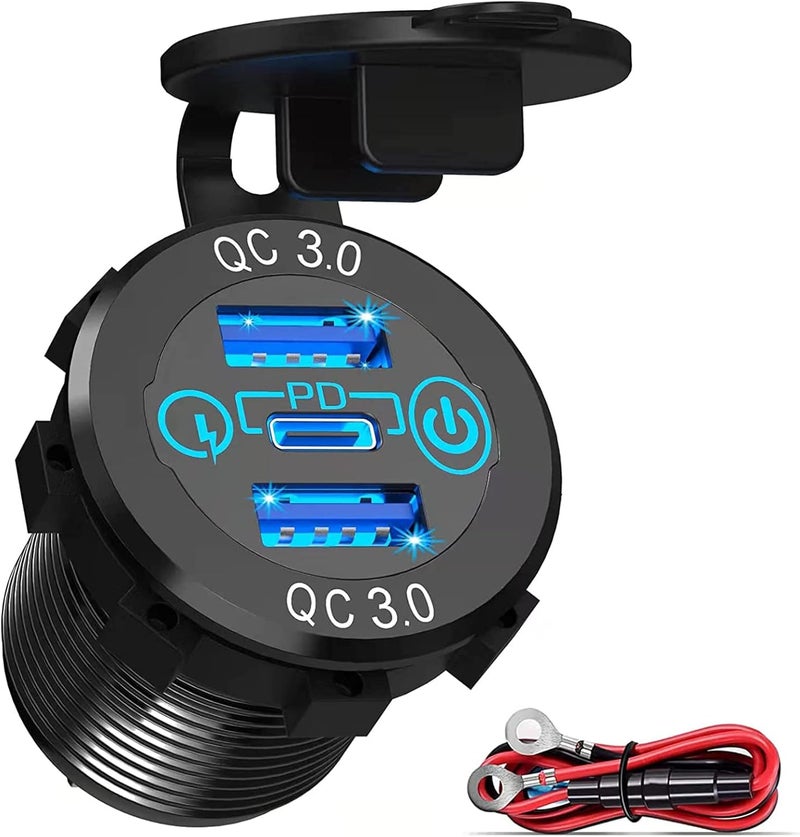 ELECDON Car Charger Socket, 12V/24V Triple USB Outlet 20W PD & 18W QC3.0 Aluminum Metal Car Socket with Touch Power Switch, Fast Charge Adapter for Car Boat Marine RV Golf Cart Motorcycle - Image 1