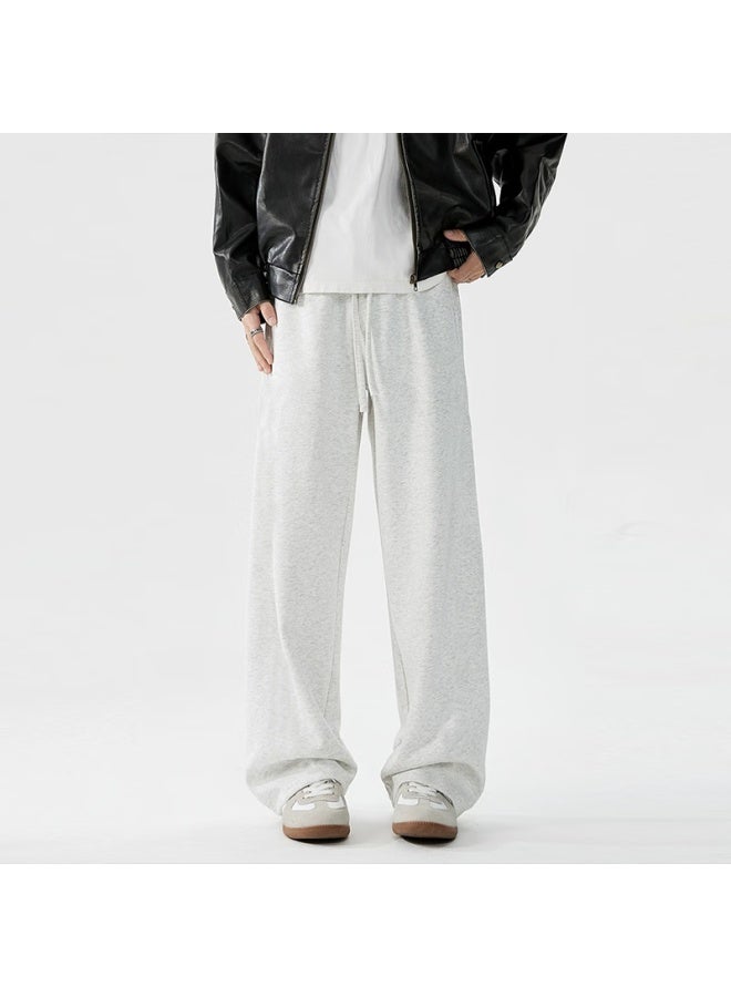 Dingfengbaoluo Men's American Style Casual Pants Spring Summer Straight-leg Solid Color Heavyweight Loose Wide-leg Trousers Ks09 White Gray M - Image 1