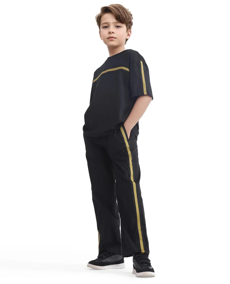 رير ونز Rare Ones Kids Taper-B Black Tape Detailed Button And Zip Closure Regular Fit Cotton Trouser